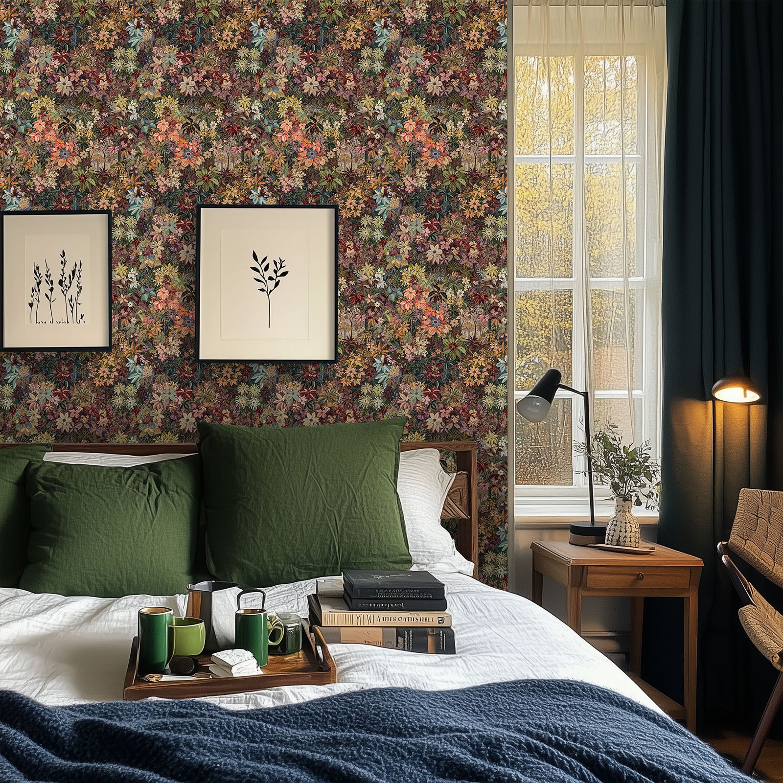 Kukupony Dark Floral Peel and Stick Wallpaper – Vintage Botanical Self Adhesive Wall Paper, Removable and Renter Friendly Boho Wallpaper for Bedroom, Bathroom, Kitchen Cabinet & Home Decor 17.3"x197"