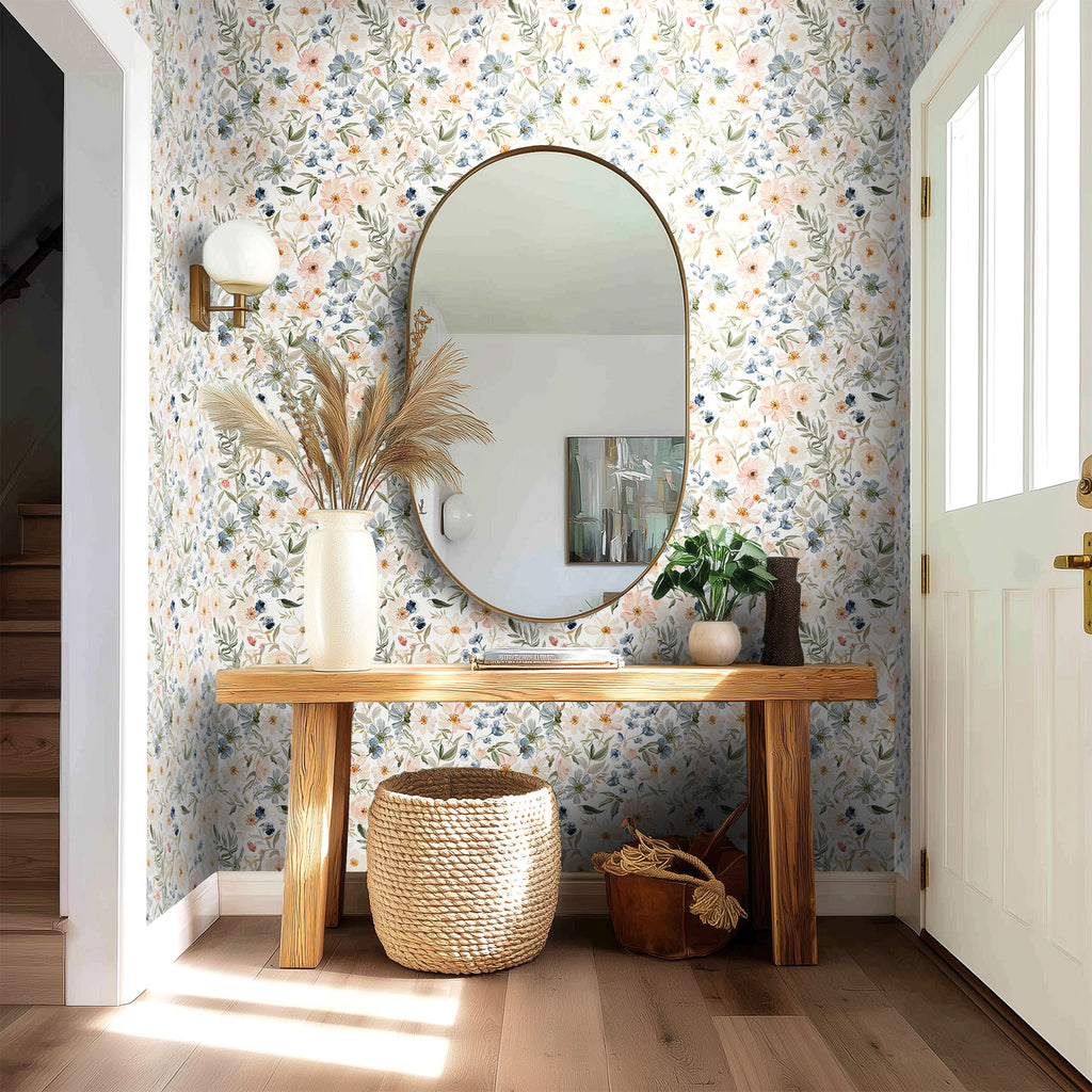 kukupony Light Floral Peel and Stick Wallpaper – Romantic Pastel Botanical Wall Paper, Renter Friendly Removable Self Adhesive Wallpaper for Bedroom, Bathroom, Kitchen & Cabinets Decor 17.3"x393"