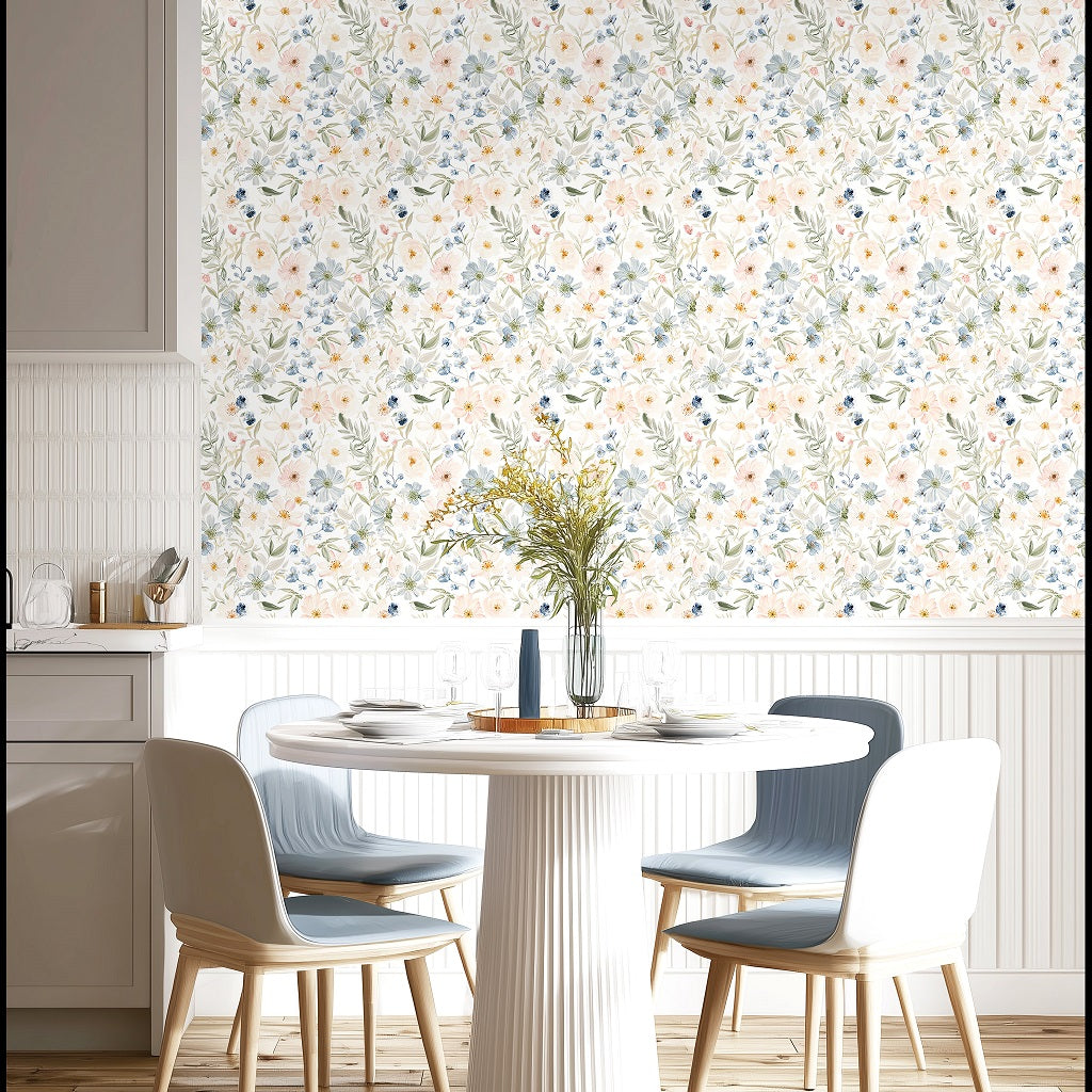 kukupony Light Floral Peel and Stick Wallpaper – Romantic Pastel Botanical Wall Paper, Renter Friendly Removable Self Adhesive Wallpaper for Bedroom, Bathroom, Kitchen & Cabinets Decor 17.3"x393"
