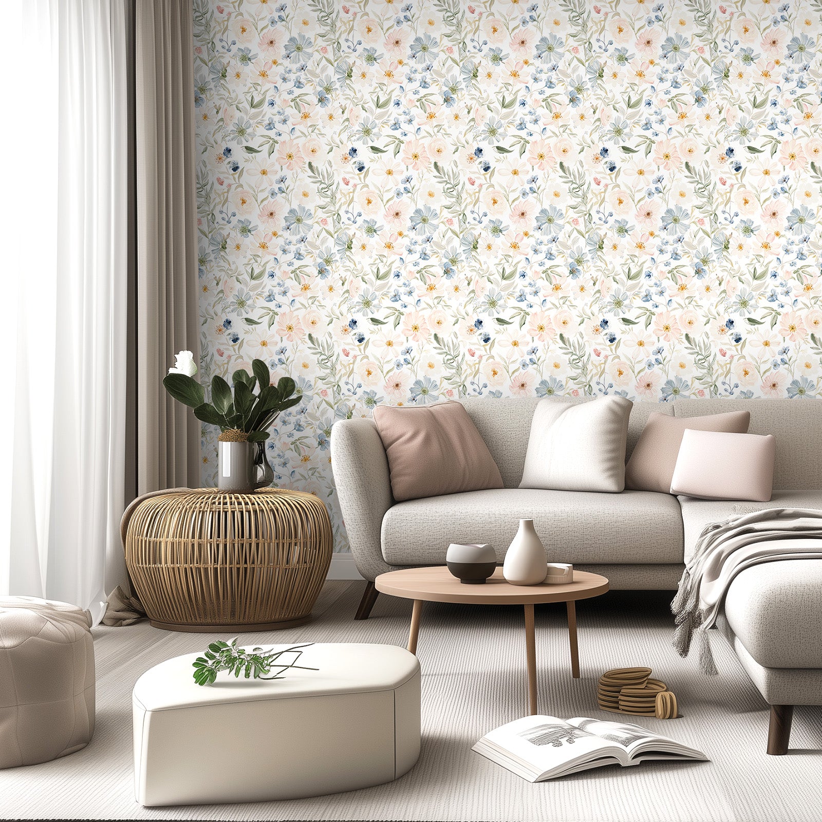 kukupony Light Floral Peel and Stick Wallpaper – Romantic Pastel Botanical Wall Paper, Renter Friendly Removable Self Adhesive Wallpaper for Bedroom, Bathroom, Kitchen & Cabinets Decor 17.3"x393"