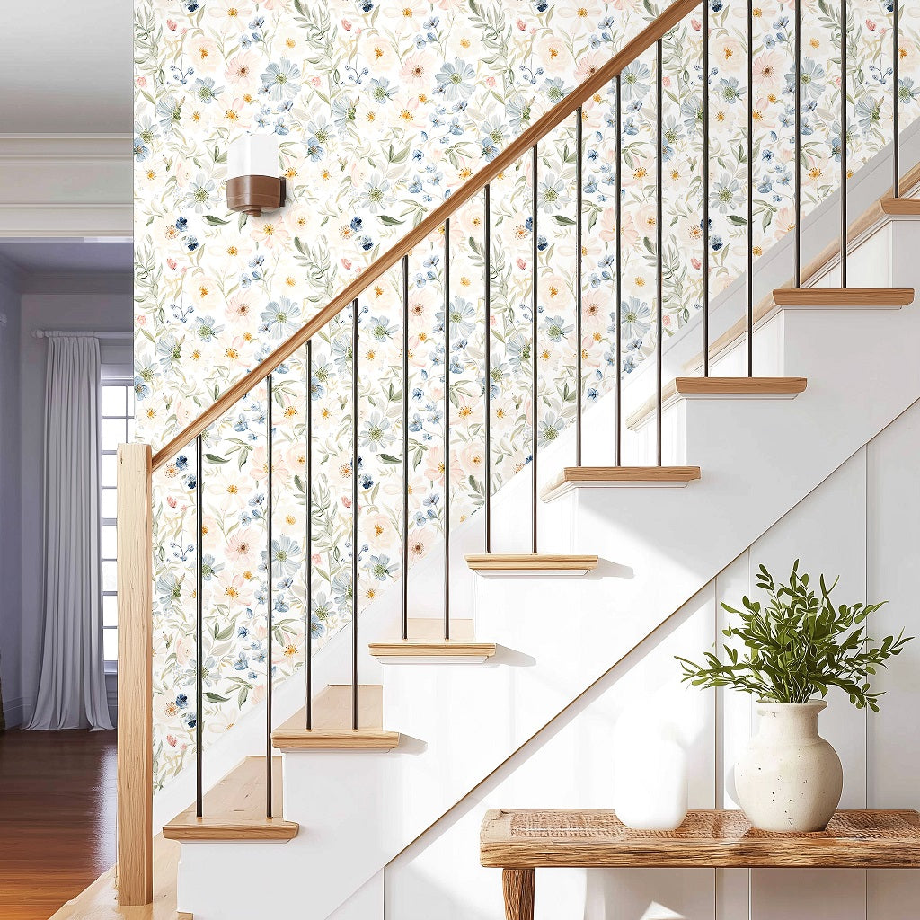 kukupony Light Floral Peel and Stick Wallpaper – Romantic Pastel Botanical Wall Paper, Renter Friendly Removable Self Adhesive Wallpaper for Bedroom, Bathroom, Kitchen & Cabinets Decor 17.3"x393"