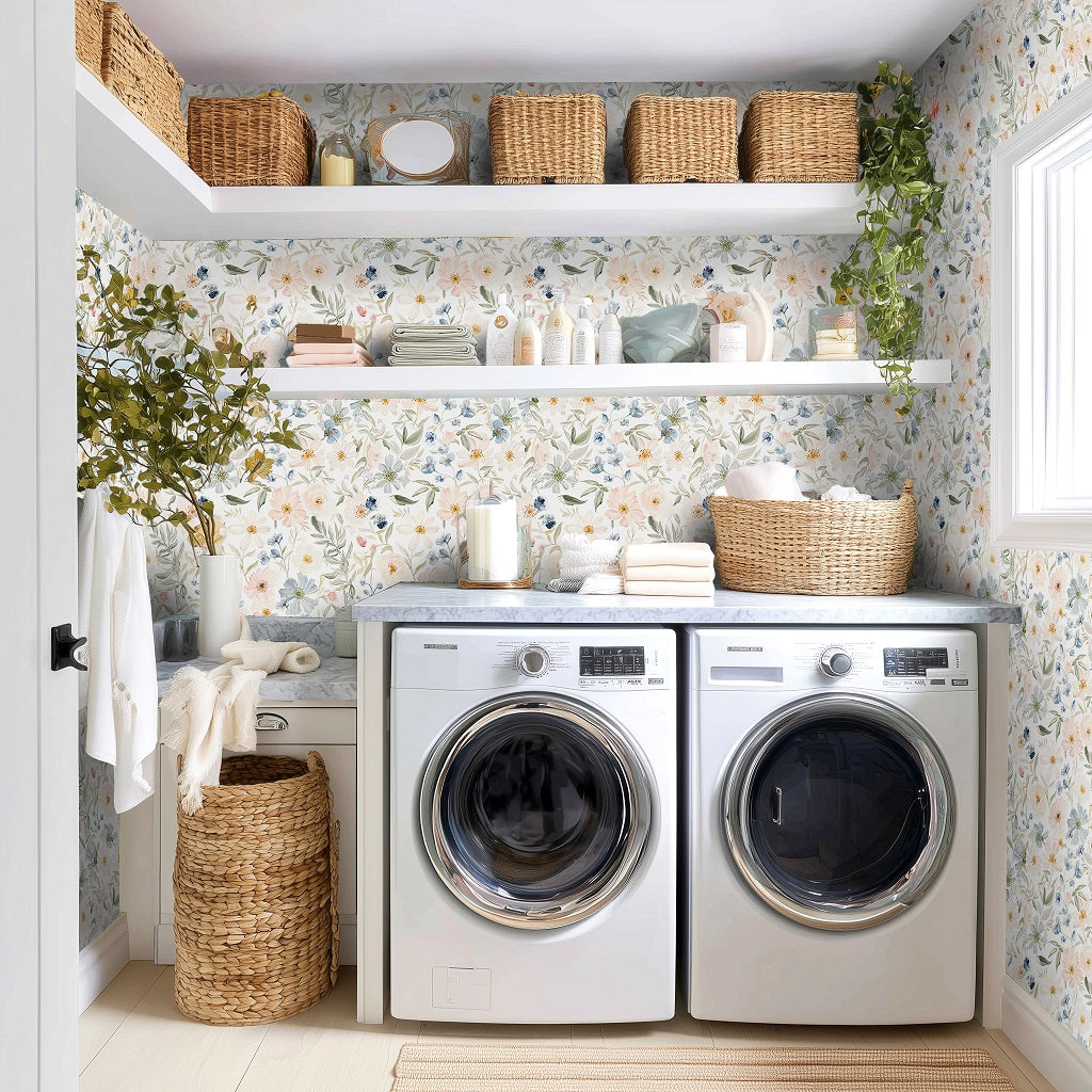 kukupony Light Floral Peel and Stick Wallpaper – Romantic Pastel Botanical Wall Paper, Renter Friendly Removable Self Adhesive Wallpaper for Bedroom, Bathroom, Kitchen & Cabinets Decor 17.3"x393"