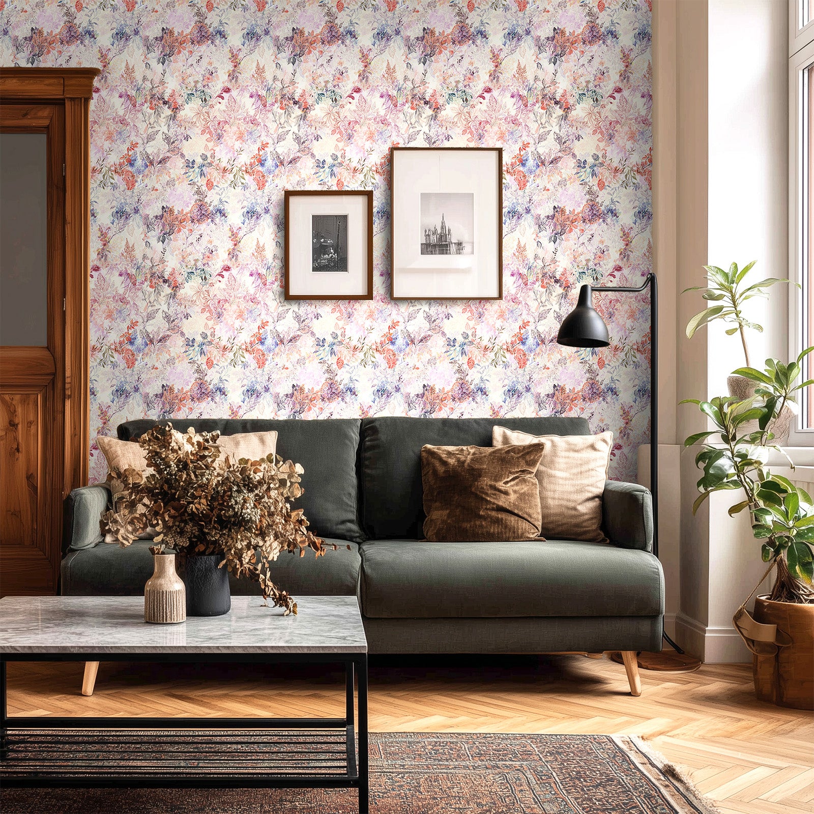 kukupony Pastel Floral Peel and Stick Wallpaper – Romantic Watercolor Botanical Removable Wall Paper, Renter Friendly Self Adhesive Wallpaper for Bedroom, Bathroom, Kitchen & Cabinets Decor 17.3"x197"